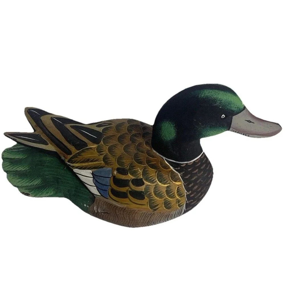 Vtg Hand Painted Wood Duck Decoy, Decorative, 12” Long